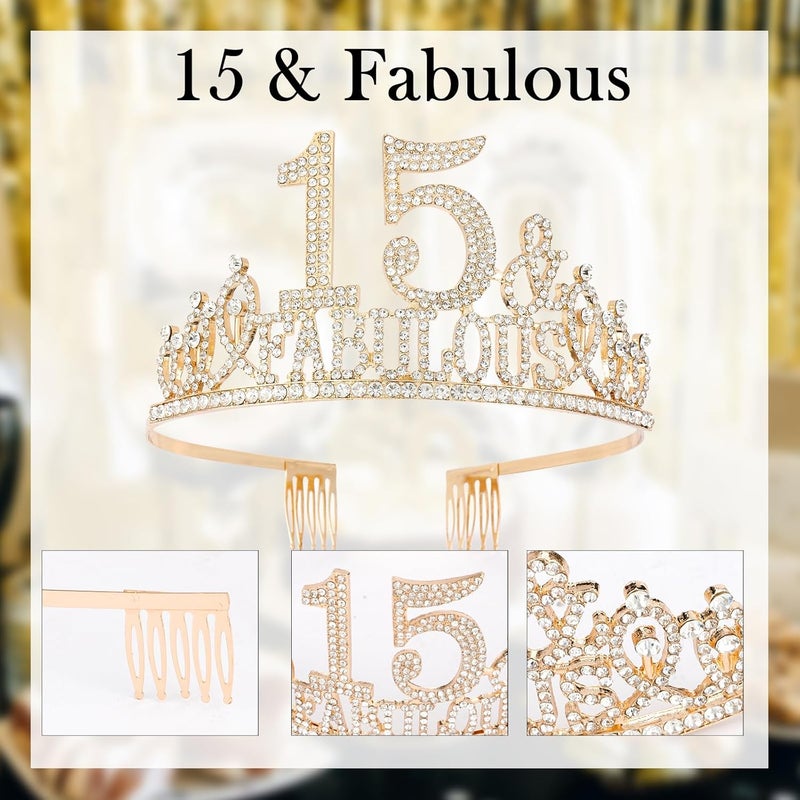 Hapdoo 15th Birthday Decorations for Women, 15th Birthday Gifts Sash and Crown for Women Set, 15 & Fabulous Party Supplies, Gold - Image 5
